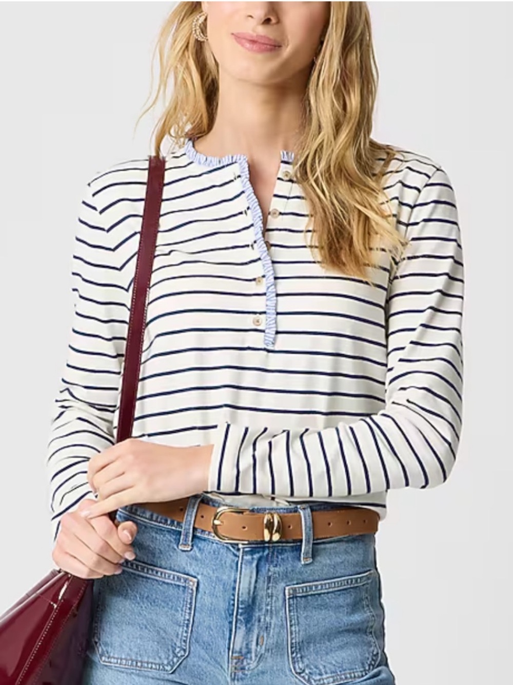 J. Crew Striped Ruffle Collar Henley Long Sleeve Navy White Size S